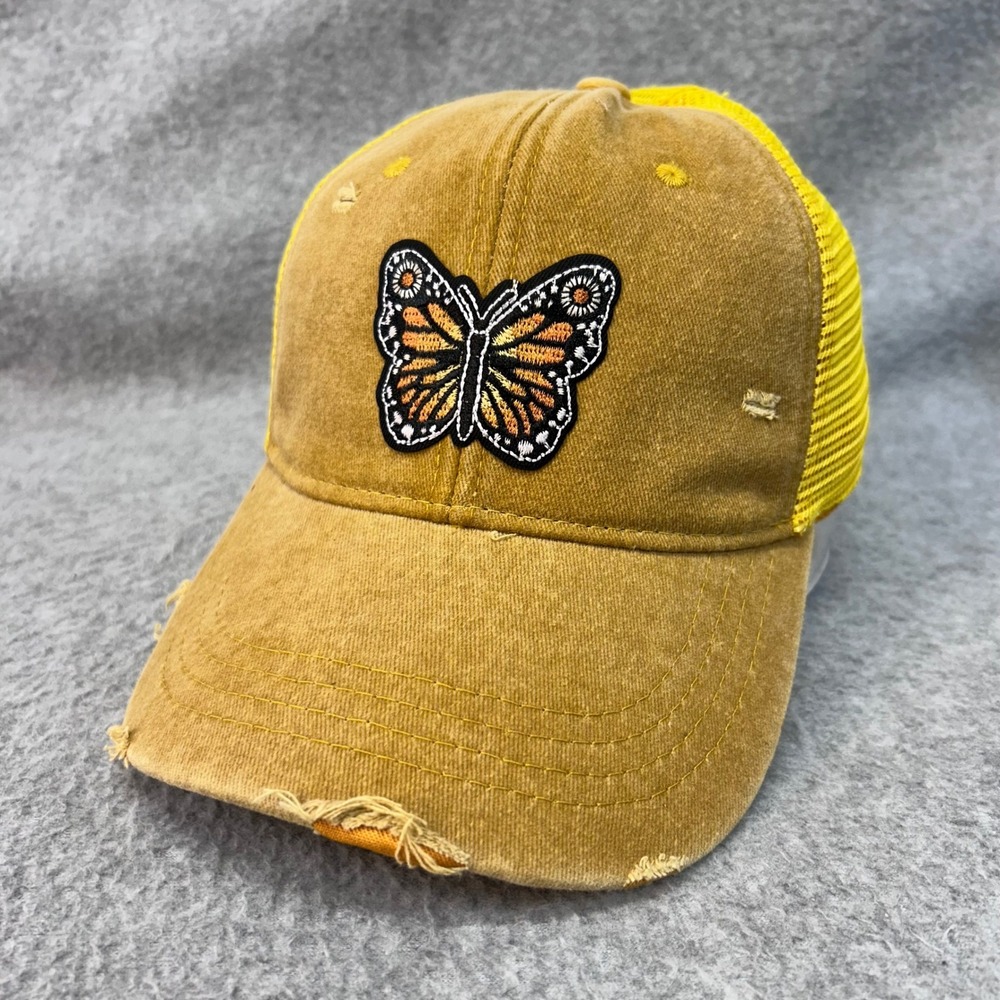 Butterfly Patch Womens Yellow Unbranded Trucker Hat Distressed Snapback OSFM